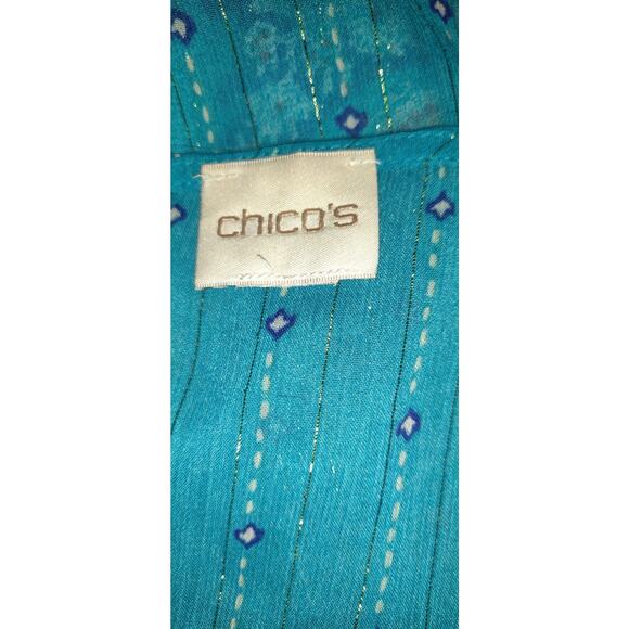 Chicos Caftan Sheer Top Womens Large Turquoise Beaded Boho Flowy Hi Low Shimmery - Picture 8 of 16